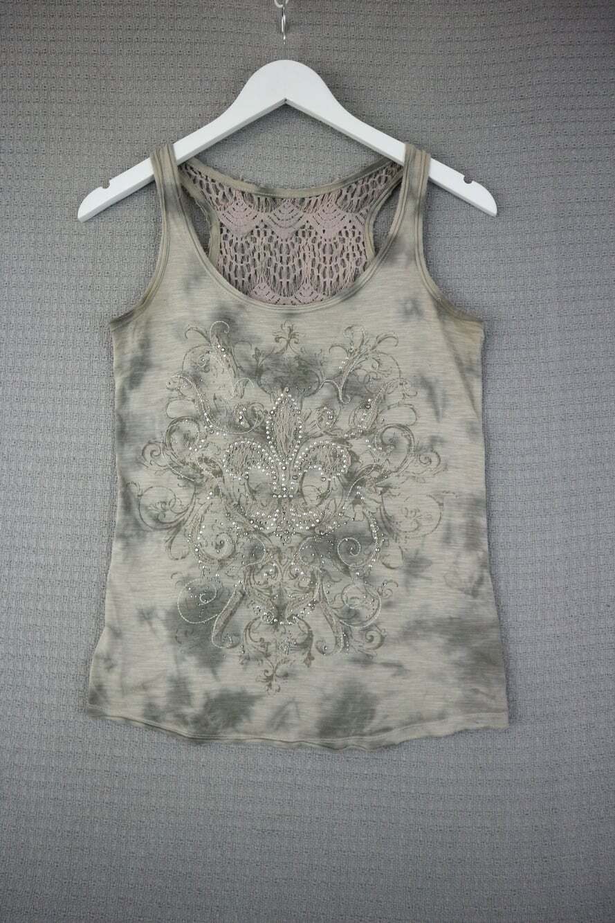 Maurices Grey Y2K Tie-Dye Rhinestone Embellished Fleur-de-lis Crocheted Lace Rac